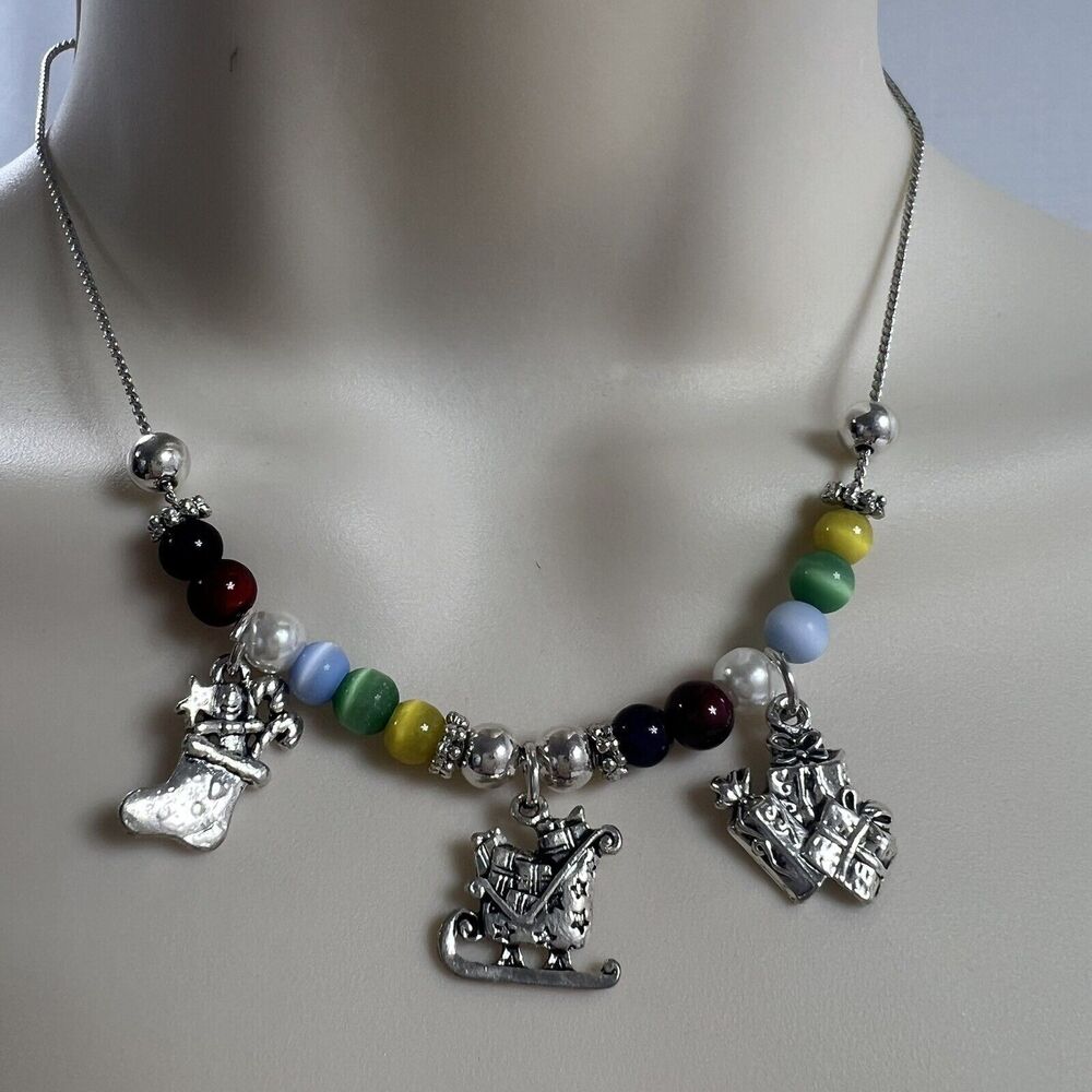 Christmas necklace Stocking, Sleigh, Presents & beads Adjustable Up To 16"